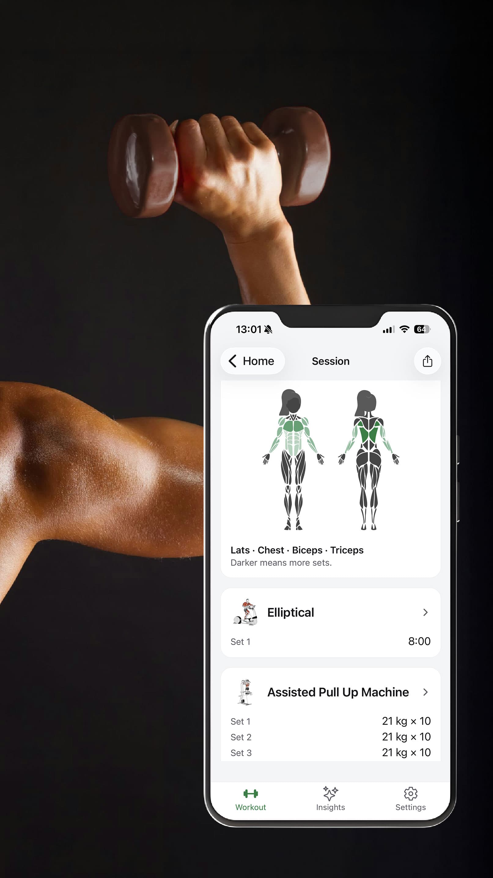 An arm lifting a dumbbell beside a phone showing a Musclist workout session with its muscle map